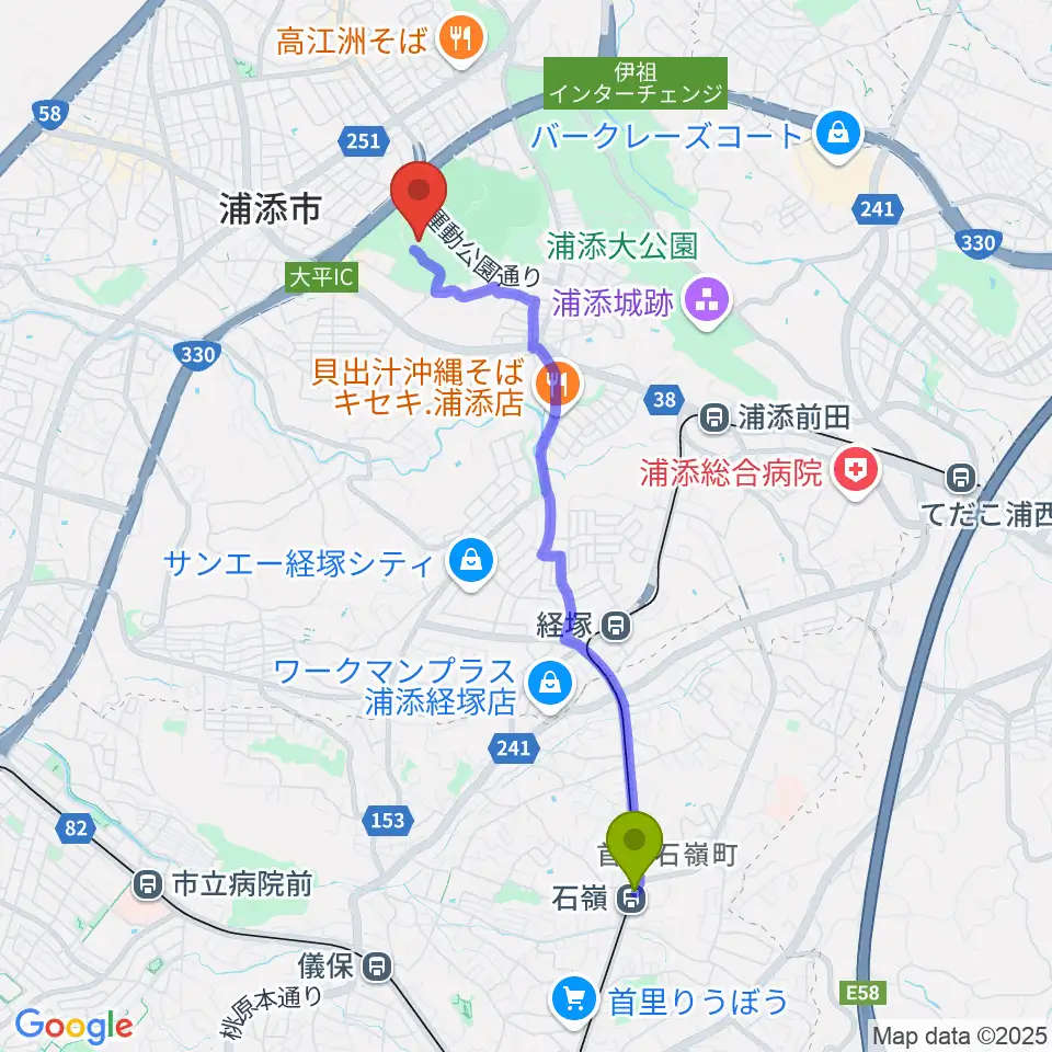 石嶺駅からアイム・ユニバース てだこホールへのルートマップ地図