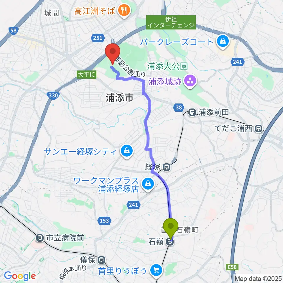 石嶺駅からアイム・ユニバース てだこホールへのルートマップ地図