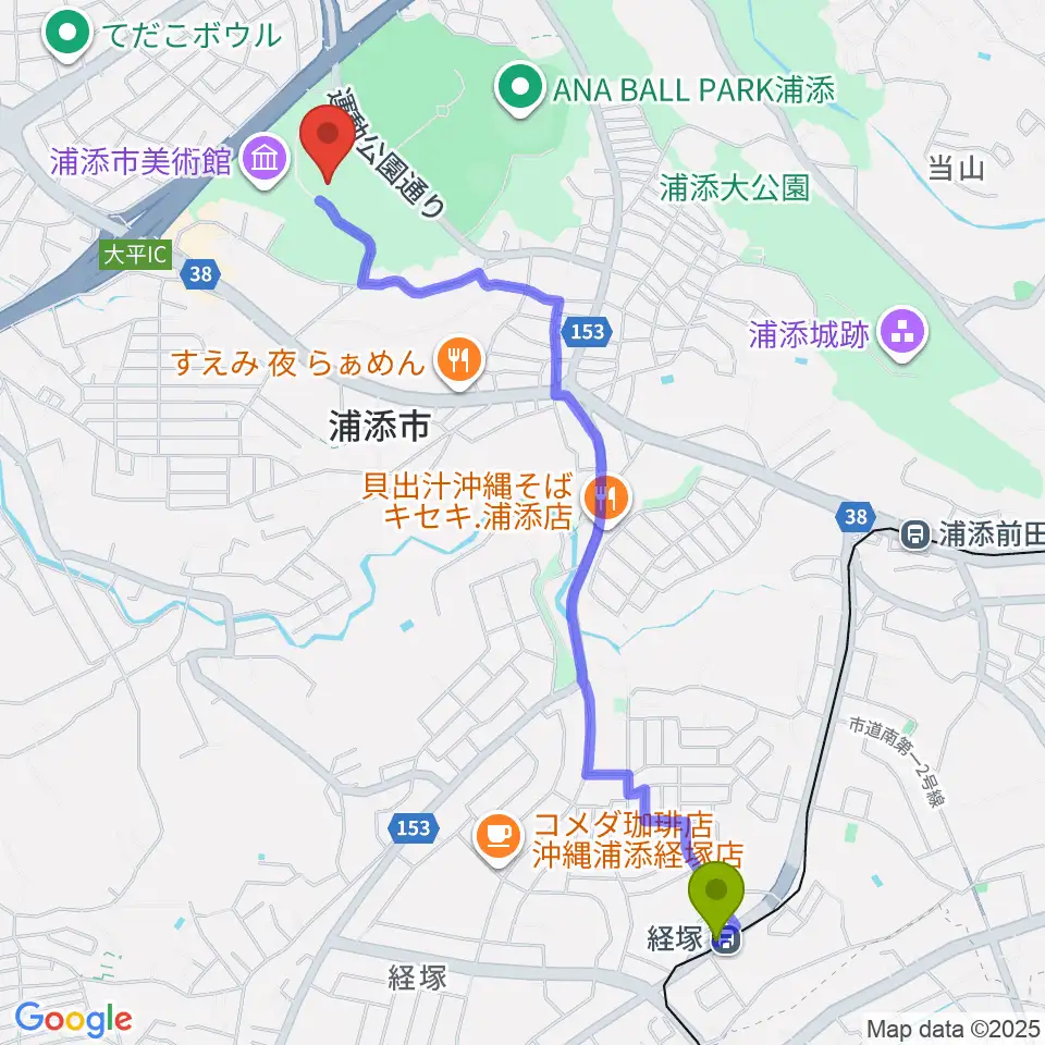 経塚駅からアイム・ユニバース てだこホールへのルートマップ地図