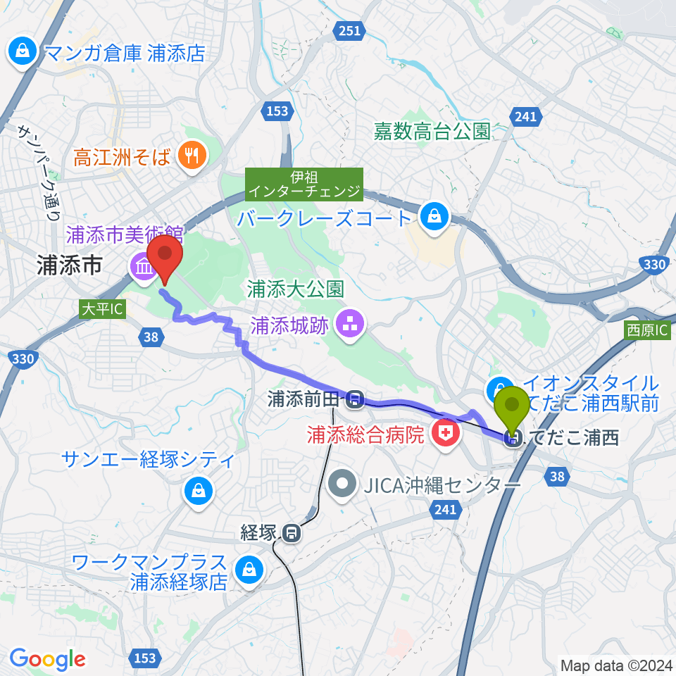 てだこ浦西駅からアイム・ユニバース てだこホールへのルートマップ地図