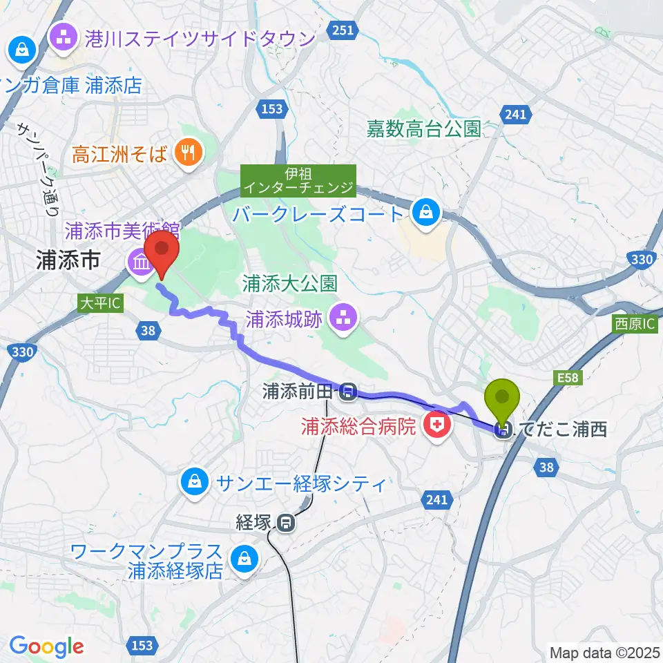 てだこ浦西駅からアイム・ユニバース てだこホールへのルートマップ地図