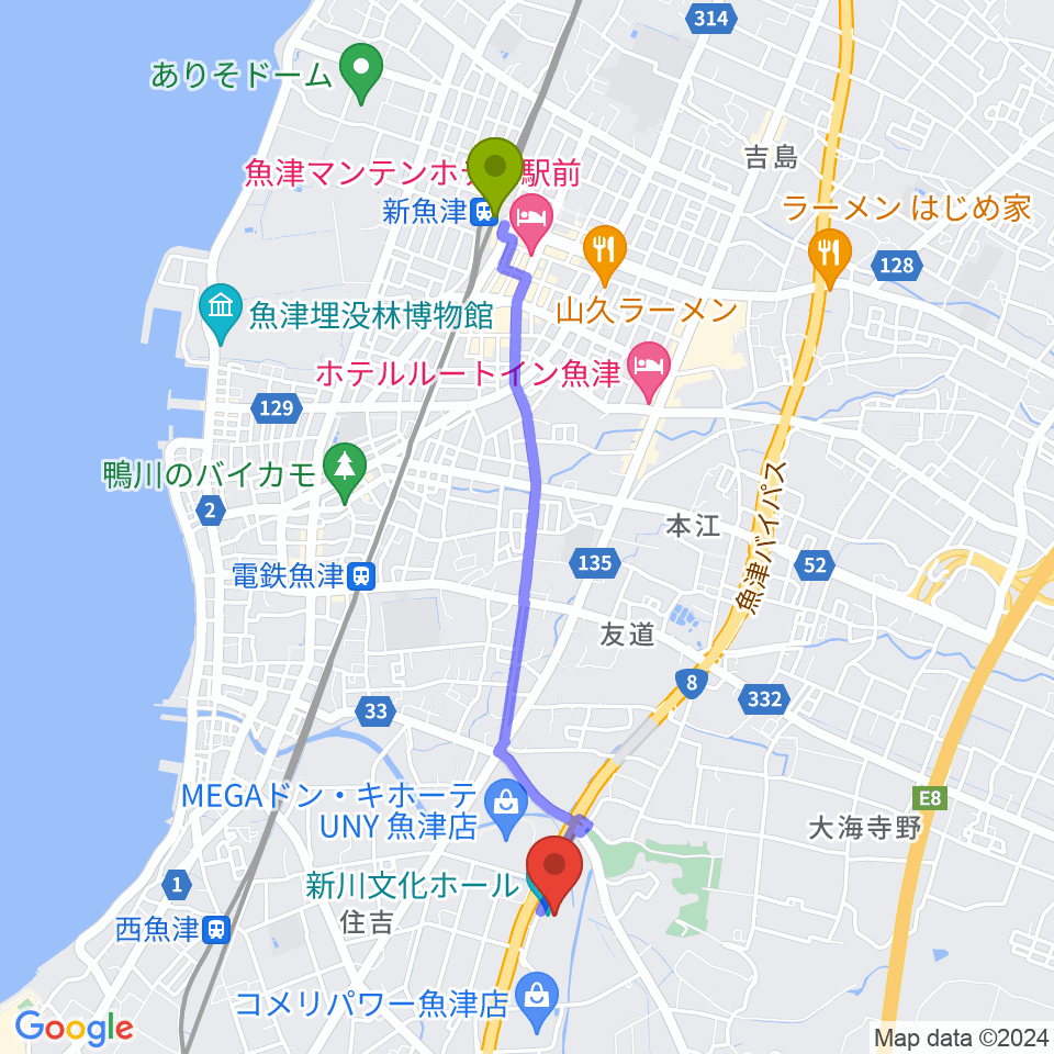 魚津駅から新川文化ホール ミラージュホールへのルートマップ地図