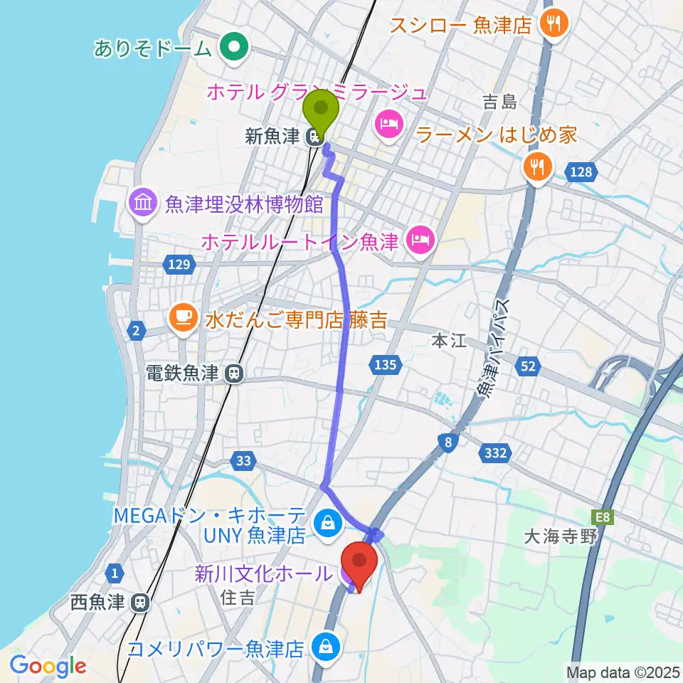 魚津駅から新川文化ホール ミラージュホールへのルートマップ地図