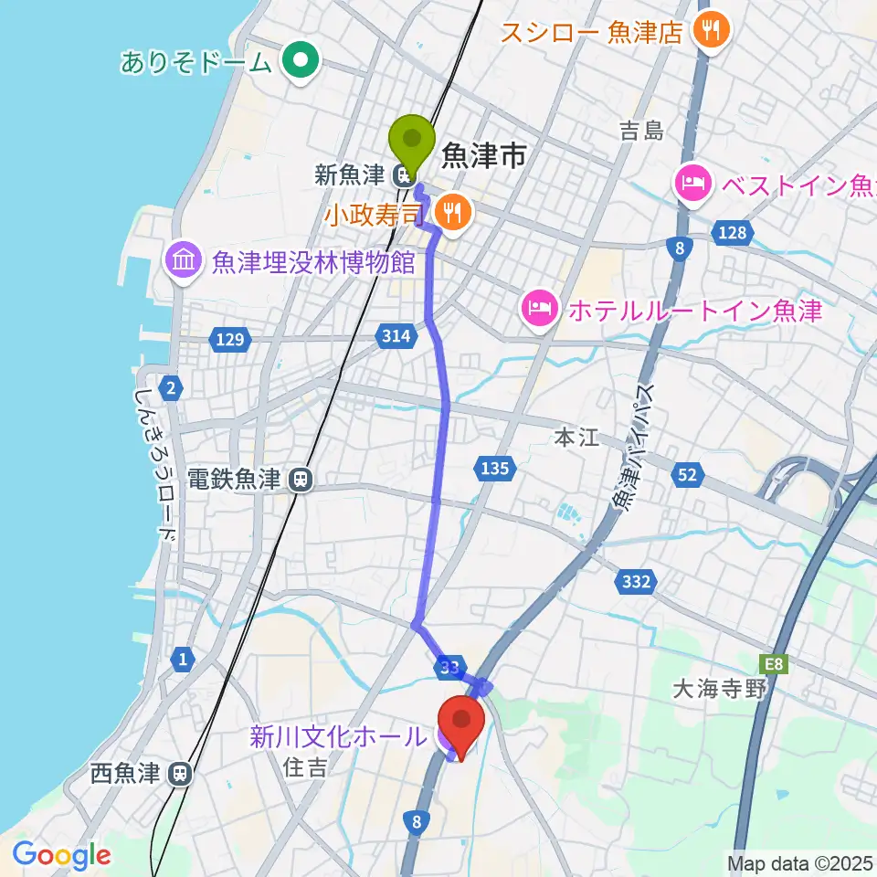 魚津駅から新川文化ホール ミラージュホールへのルートマップ地図