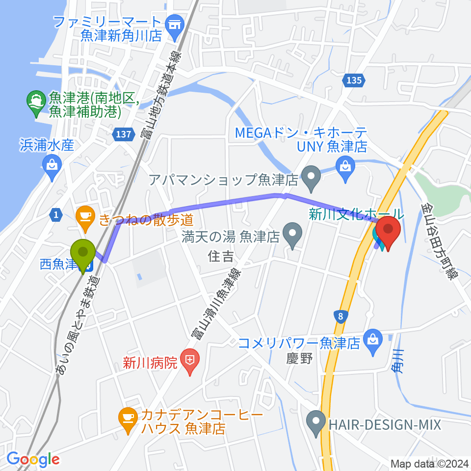新川文化ホール ミラージュホールの最寄駅西魚津駅からの徒歩ルート（約20分）地図