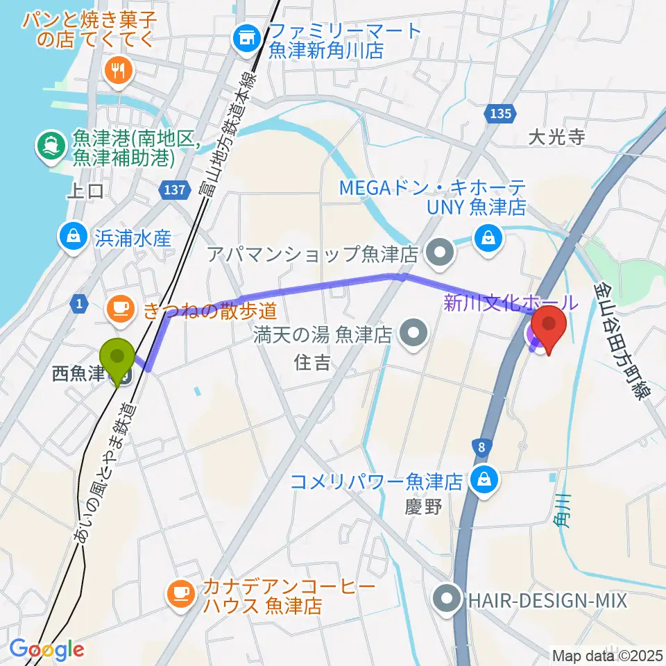 新川文化ホール ミラージュホールの最寄駅西魚津駅からの徒歩ルート（約20分）地図