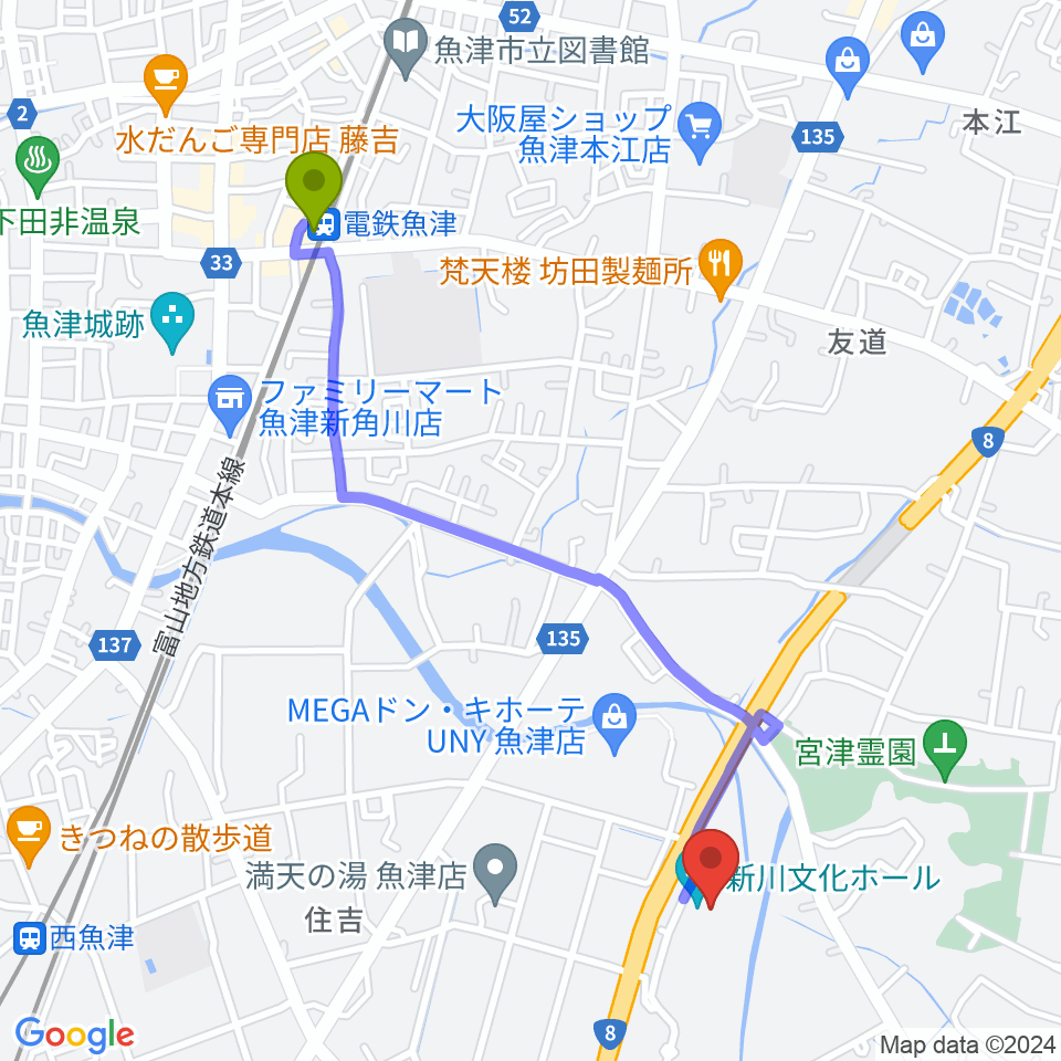 電鉄魚津駅から新川文化ホール ミラージュホールへのルートマップ地図