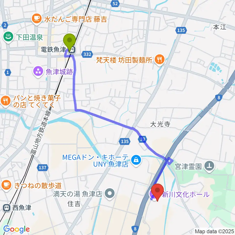 電鉄魚津駅から新川文化ホール ミラージュホールへのルートマップ地図