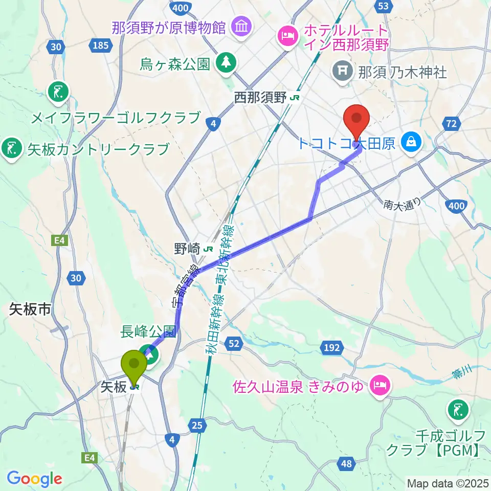 矢板駅から那須野が原ハーモニーホールへのルートマップ地図