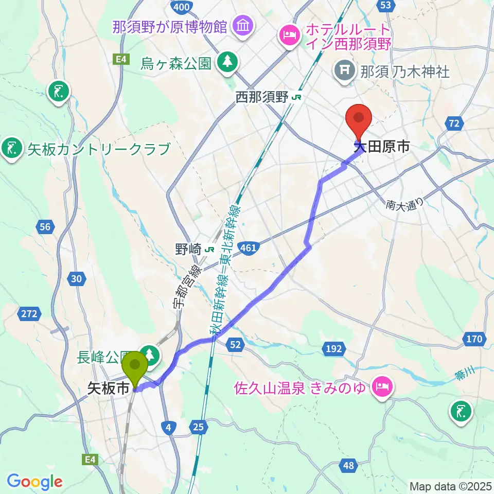 矢板駅から那須野が原ハーモニーホールへのルートマップ地図