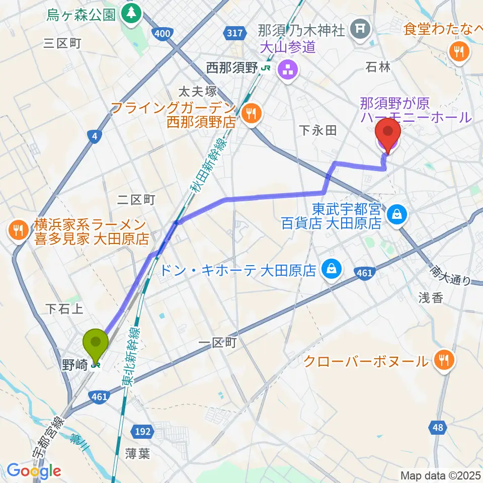 野崎駅から那須野が原ハーモニーホールへのルートマップ地図
