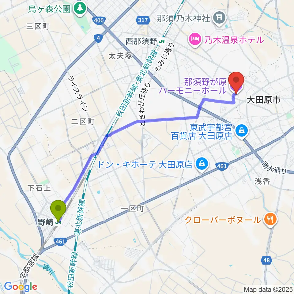 野崎駅から那須野が原ハーモニーホールへのルートマップ地図