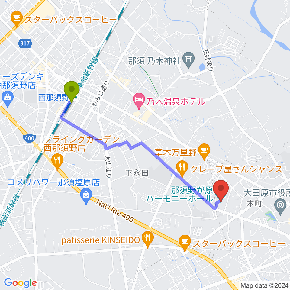 那須野が原ハーモニーホールの最寄駅西那須野駅からの徒歩ルート（約38分）地図