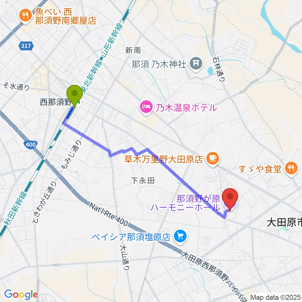 那須野が原ハーモニーホールの最寄駅西那須野駅からの徒歩ルート（約38分）地図