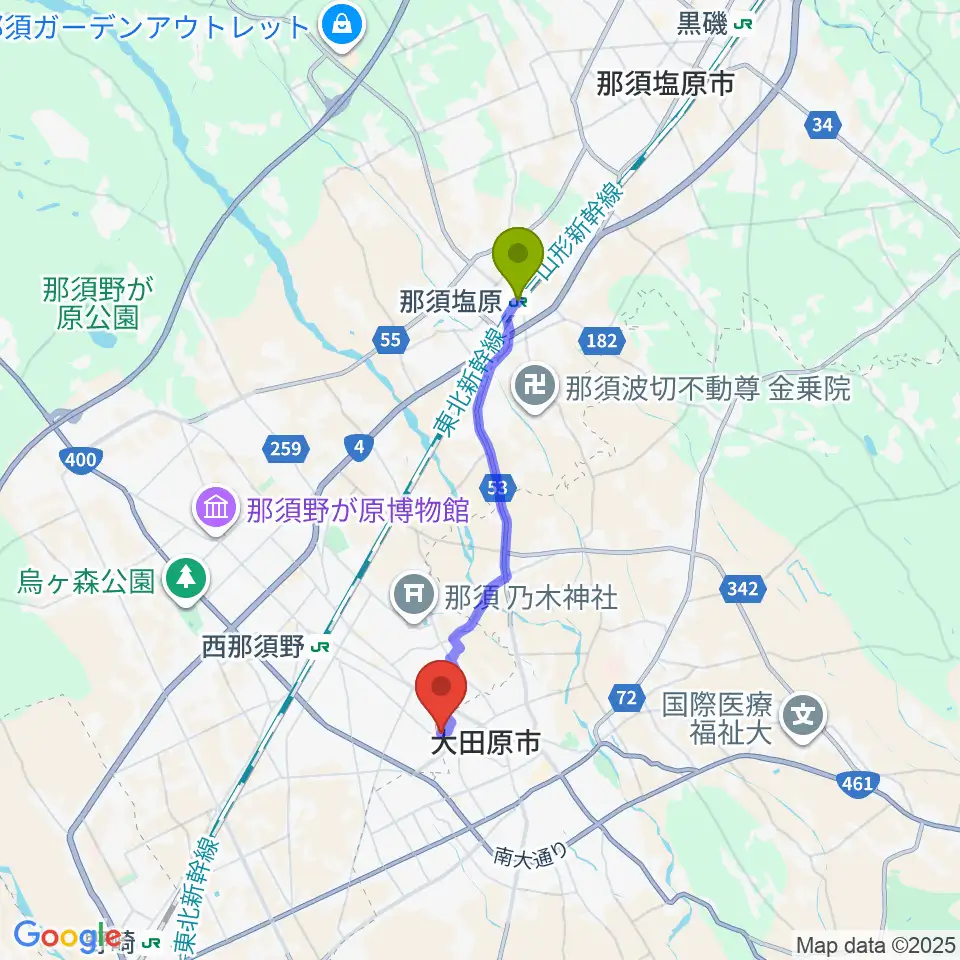 那須塩原駅から那須野が原ハーモニーホールへのルートマップ地図