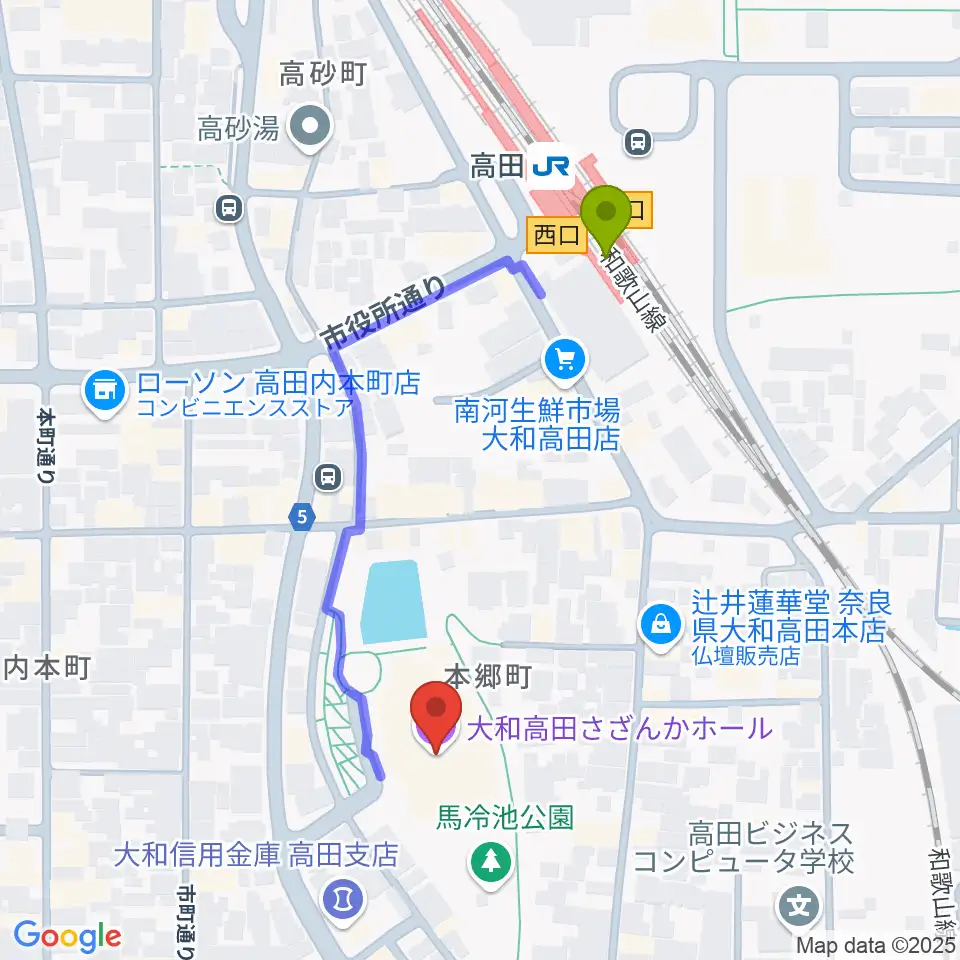 大和高田さざんかホールの最寄駅高田駅からの徒歩ルート（約4分）地図