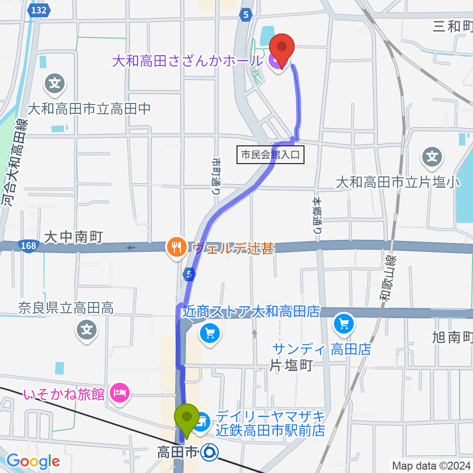 高田市駅から大和高田さざんかホールへのルートマップ地図