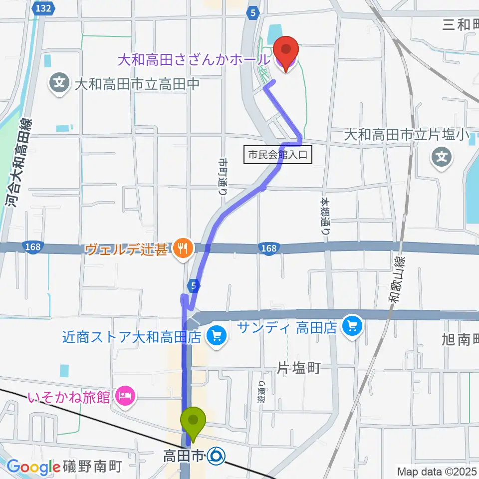 高田市駅から大和高田さざんかホールへのルートマップ地図
