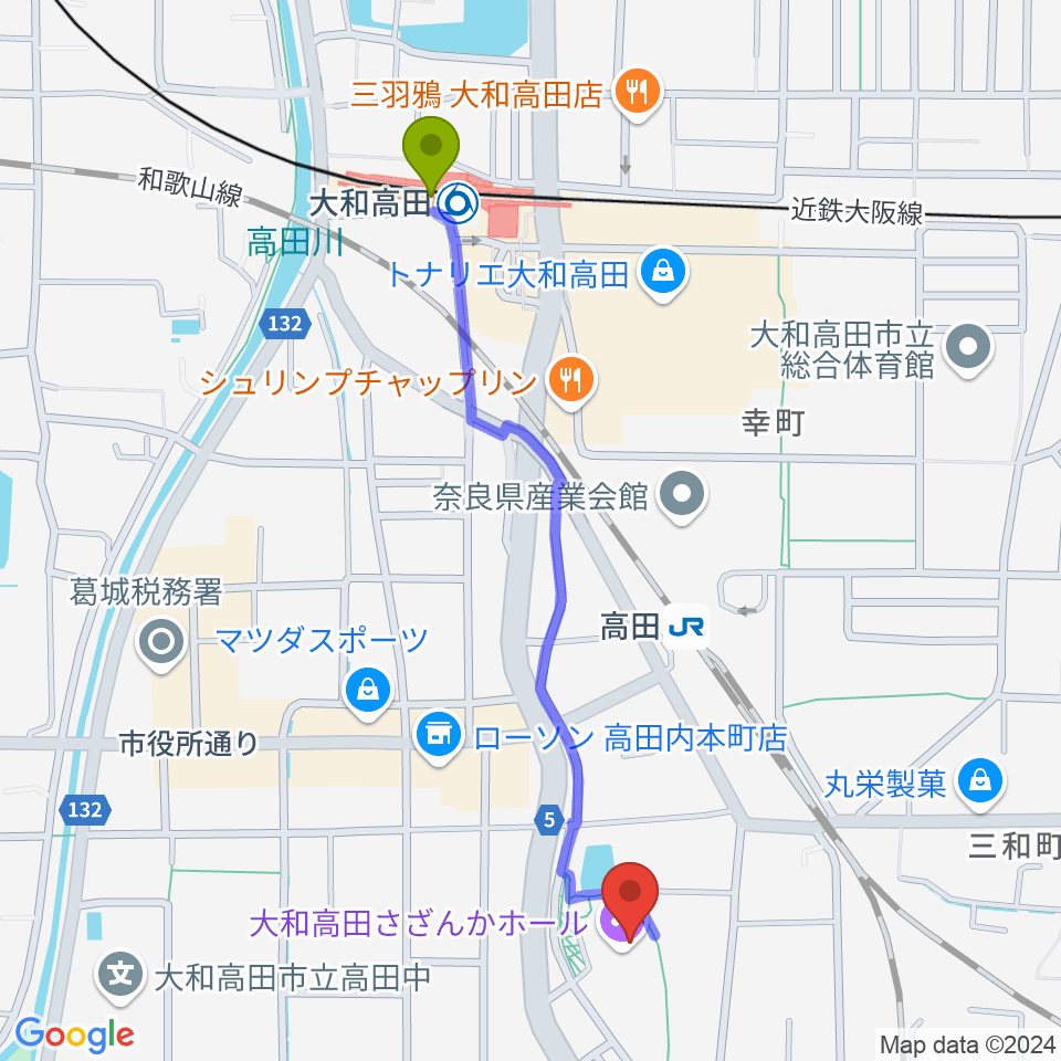 大和高田駅から大和高田さざんかホールへのルートマップ地図