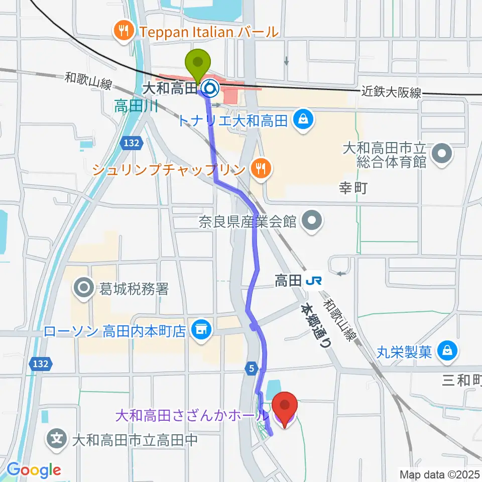 大和高田駅から大和高田さざんかホールへのルートマップ地図
