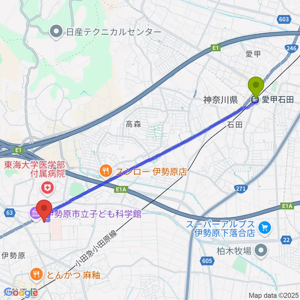 愛甲石田駅から伊勢原市民文化会館へのルートマップ地図