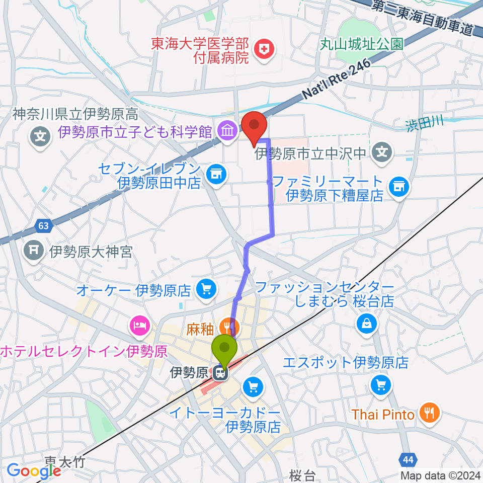 伊勢原市民文化会館の最寄駅伊勢原駅からの徒歩ルート（約14分）地図