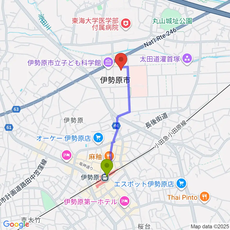伊勢原市民文化会館の最寄駅伊勢原駅からの徒歩ルート（約14分）地図