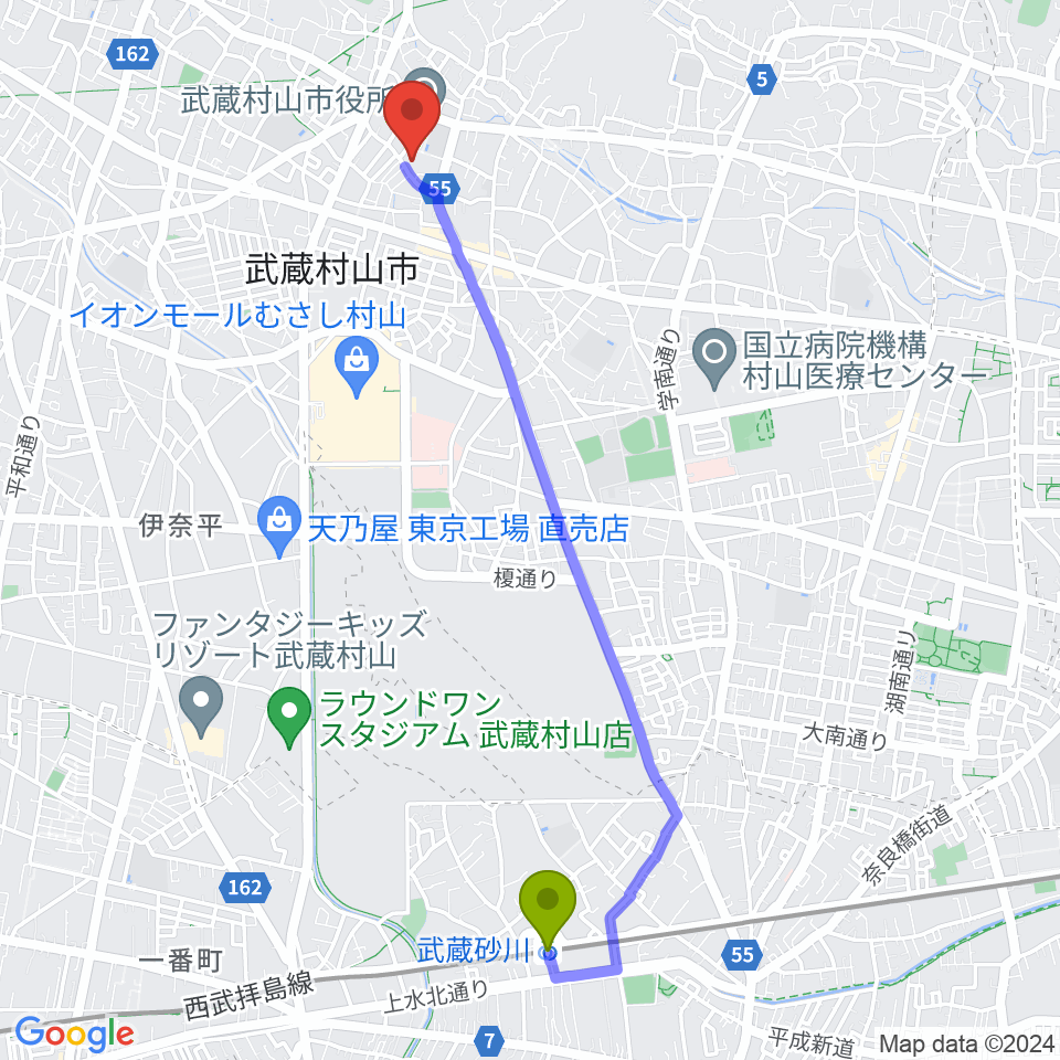 武蔵砂川駅から武蔵村山市民会館 さくらホールへのルートマップ地図
