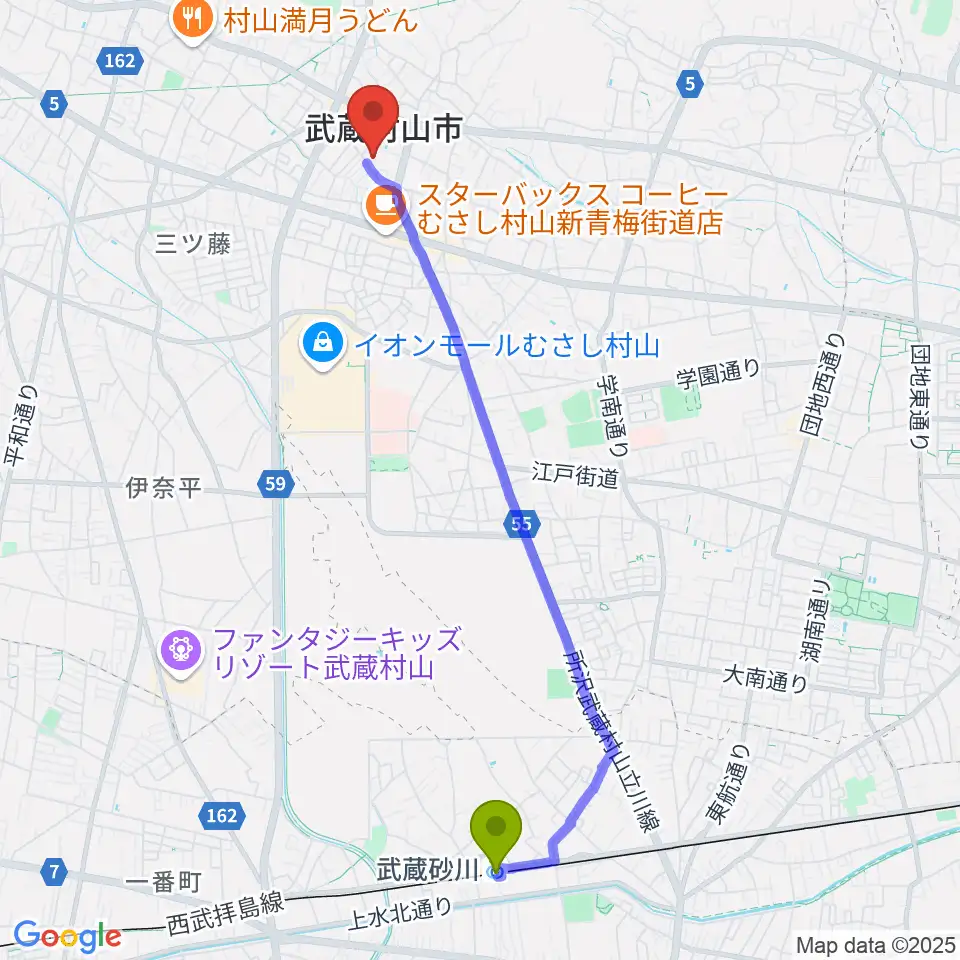 武蔵砂川駅から武蔵村山市民会館 さくらホールへのルートマップ地図