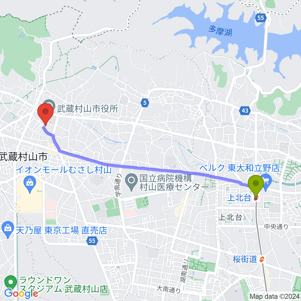 武蔵村山市民会館 さくらホールの最寄駅上北台駅からの徒歩ルート（約46分）地図