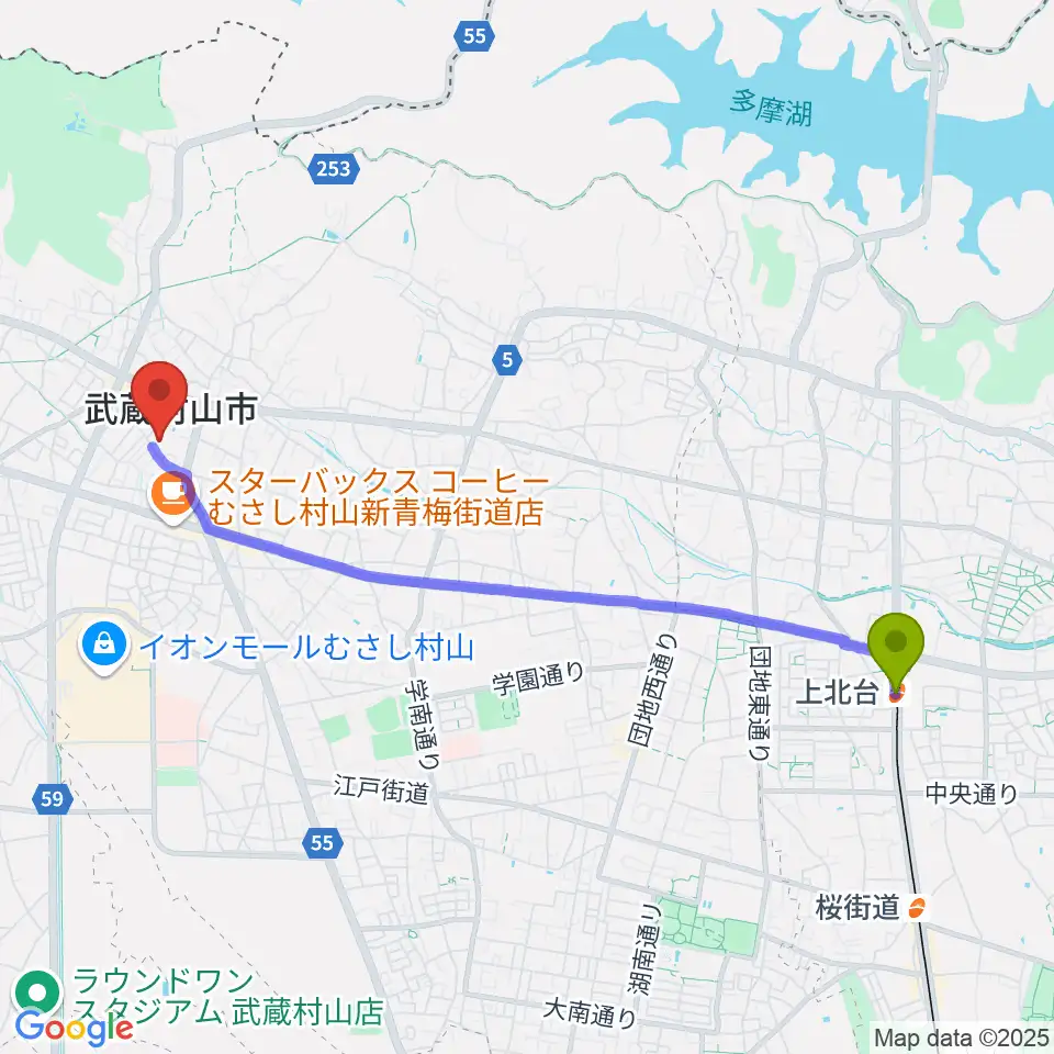 武蔵村山市民会館 さくらホールの最寄駅上北台駅からの徒歩ルート（約46分）地図
