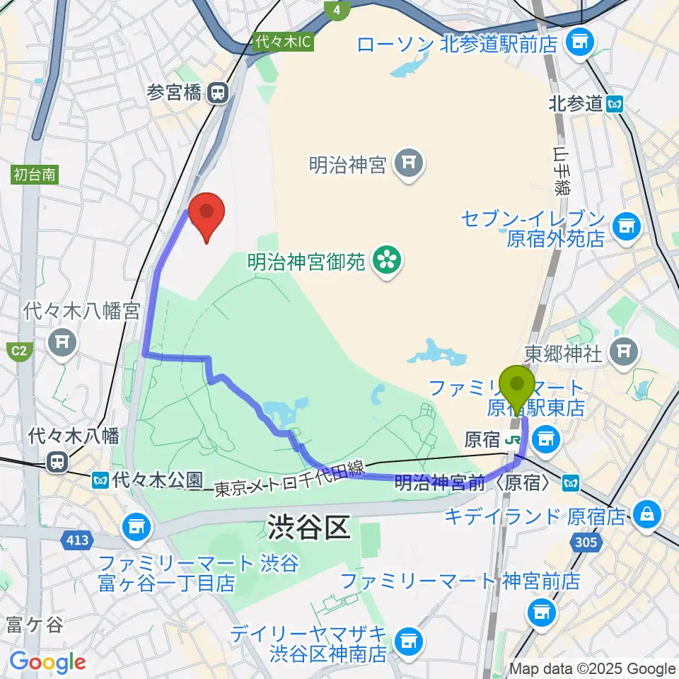 原宿駅から国立オリンピック記念青少年総合センターへのルートマップ地図