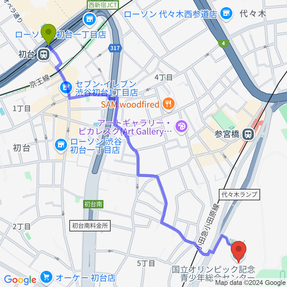 初台駅から国立オリンピック記念青少年総合センターへのルートマップ地図