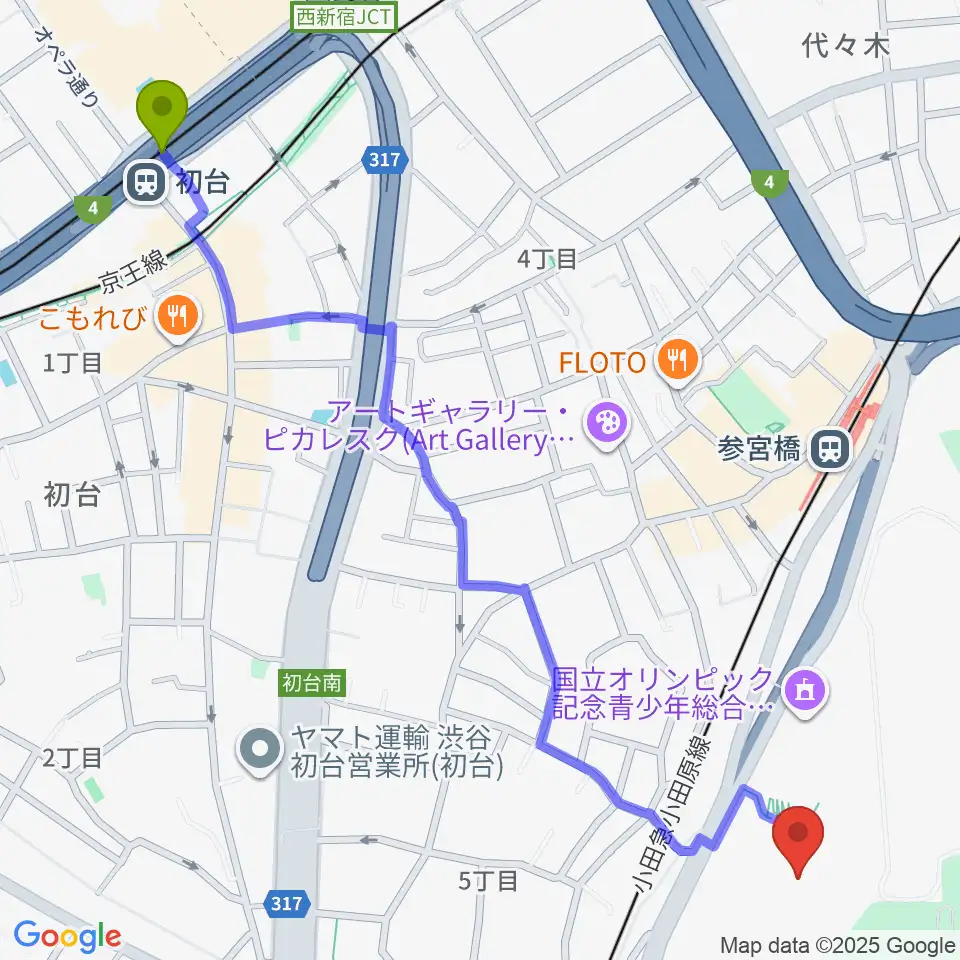 初台駅から国立オリンピック記念青少年総合センターへのルートマップ地図