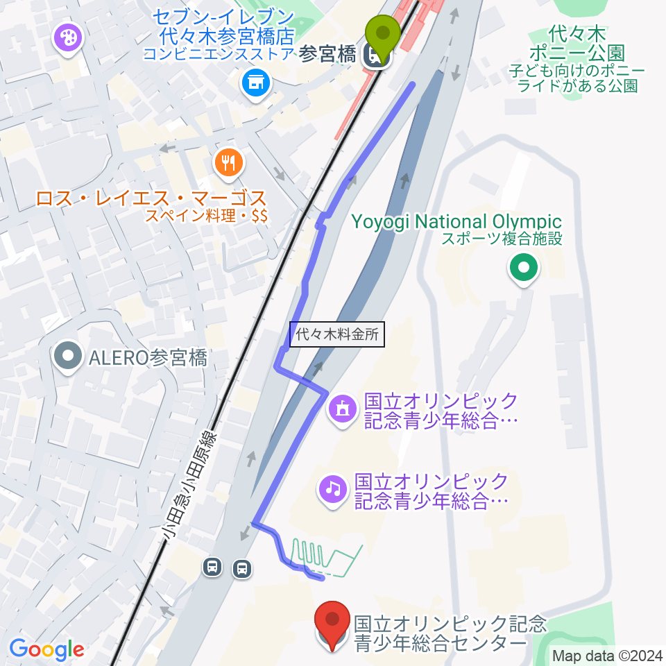 国立オリンピック記念青少年総合センターの最寄駅参宮橋駅からの徒歩ルート（約7分）地図