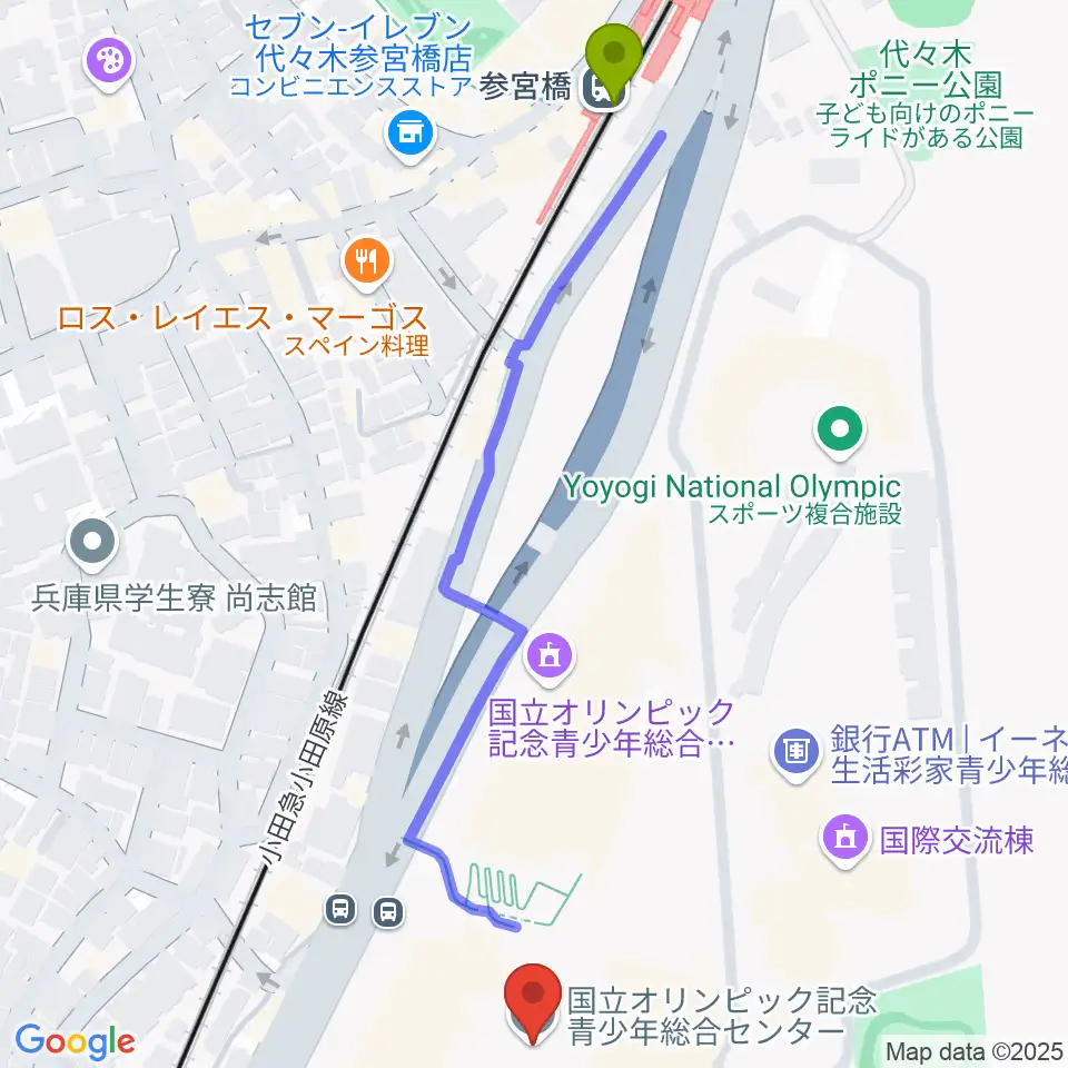 国立オリンピック記念青少年総合センターの最寄駅参宮橋駅からの徒歩ルート（約7分）地図