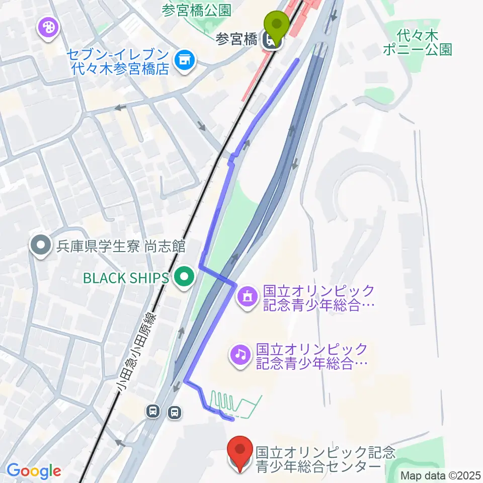 国立オリンピック記念青少年総合センターの最寄駅参宮橋駅からの徒歩ルート（約7分）地図