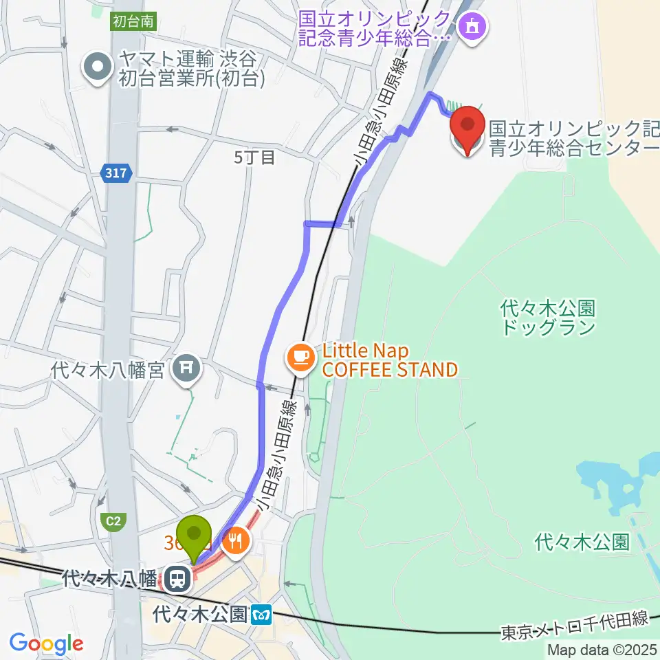 代々木八幡駅から国立オリンピック記念青少年総合センターへのルートマップ地図