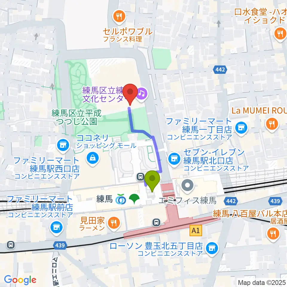 練馬文化センターの最寄駅練馬駅からの徒歩ルート（約2分）地図