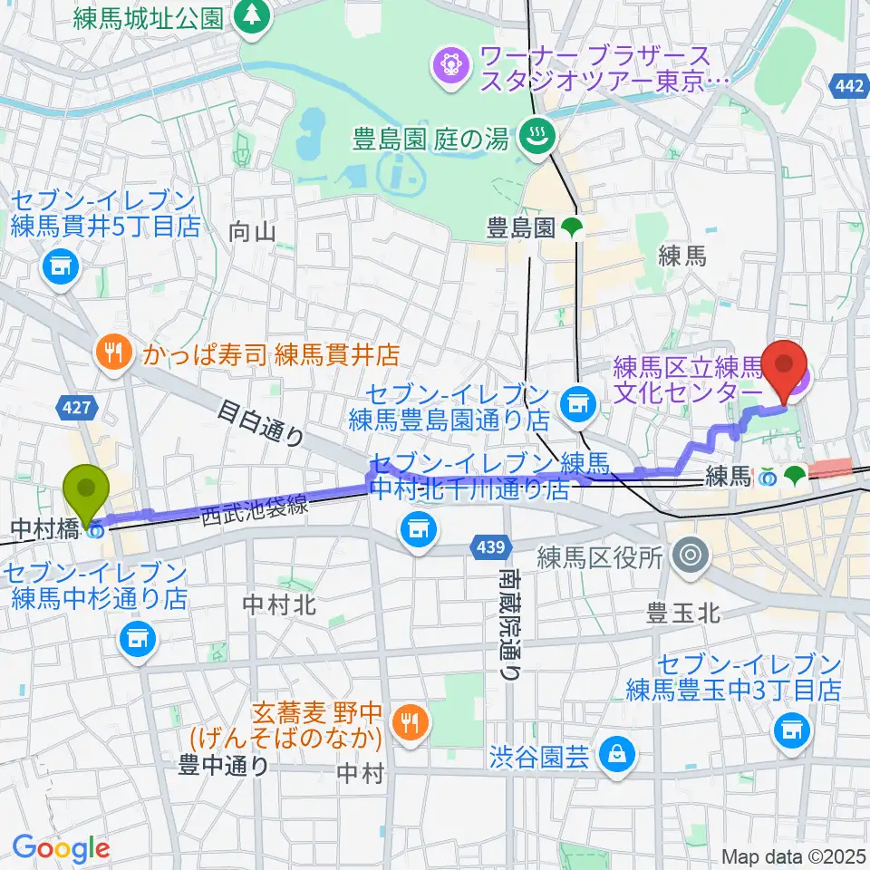 中村橋駅から練馬文化センターへのルートマップ地図