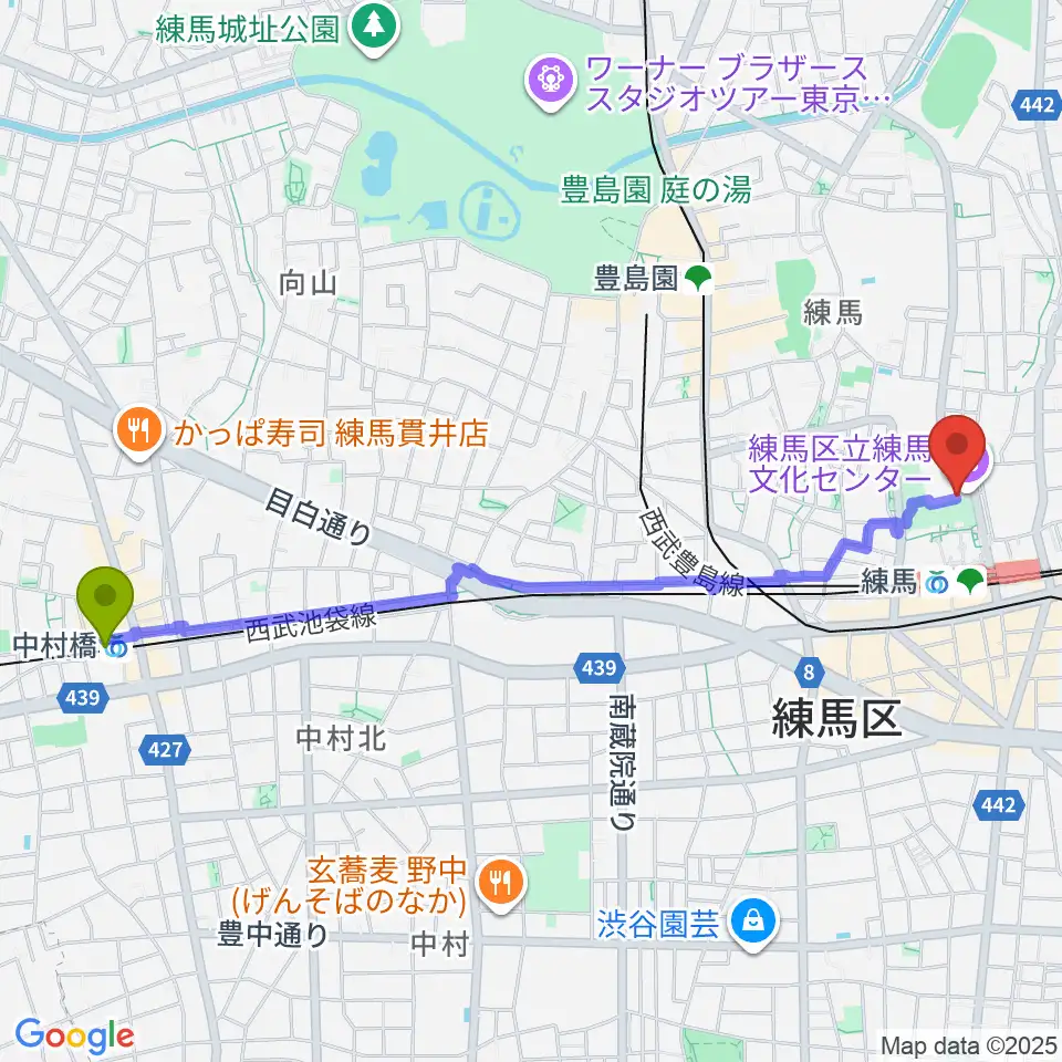 中村橋駅から練馬文化センターへのルートマップ地図