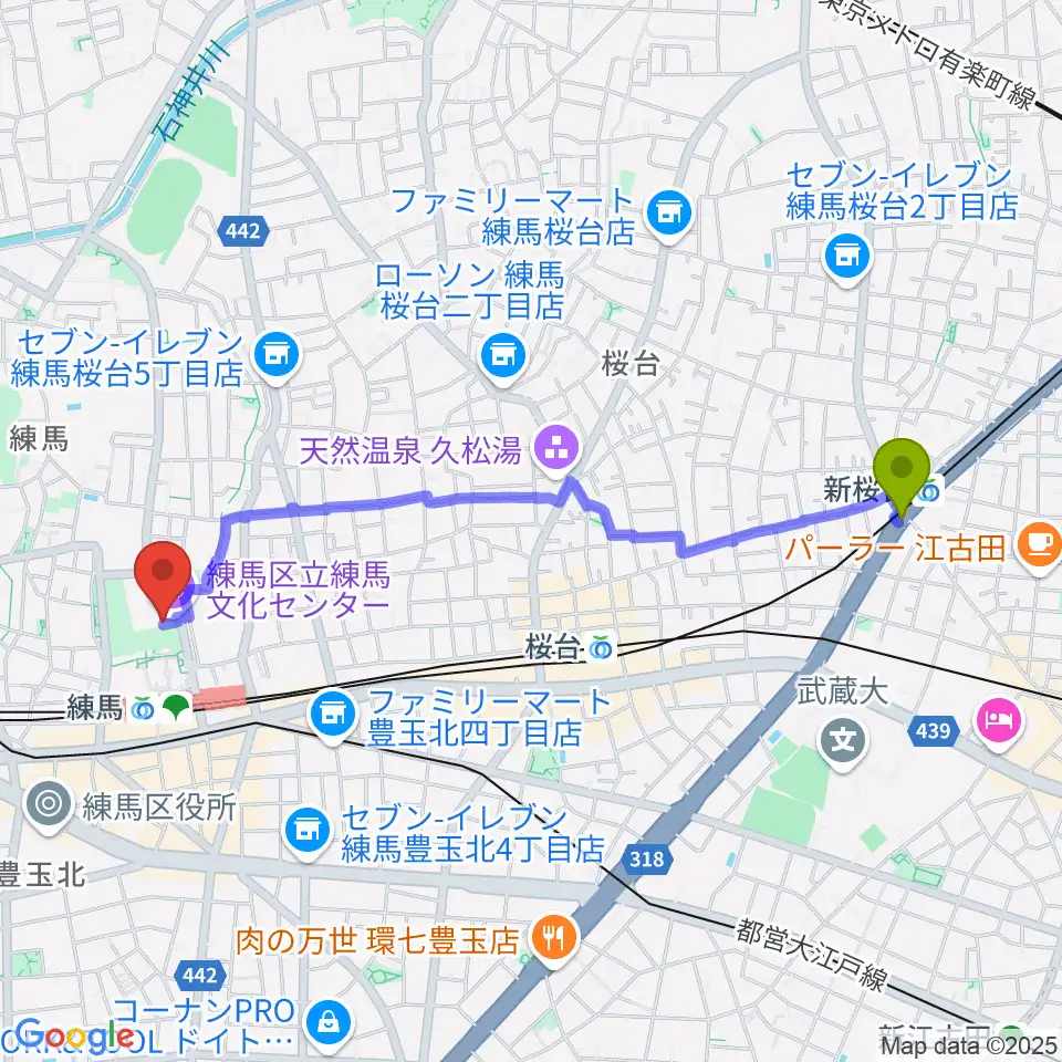 新桜台駅から練馬文化センターへのルートマップ地図