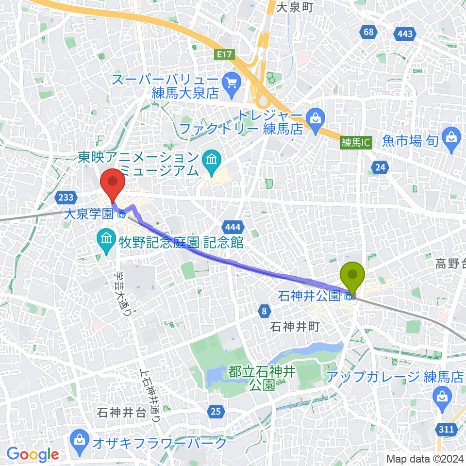 石神井公園駅から大泉学園ゆめりあホールへのルートマップ地図
