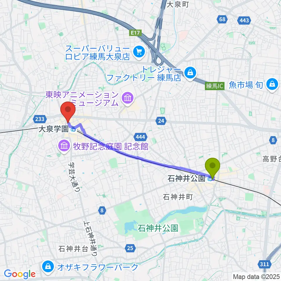 石神井公園駅から大泉学園ゆめりあホールへのルートマップ地図