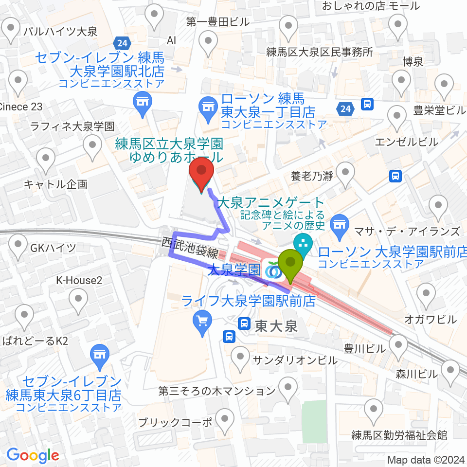 大泉学園ゆめりあホールの最寄駅大泉学園駅からの徒歩ルート（約2分）地図