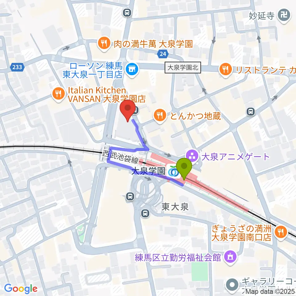 大泉学園ゆめりあホールの最寄駅大泉学園駅からの徒歩ルート（約2分）地図