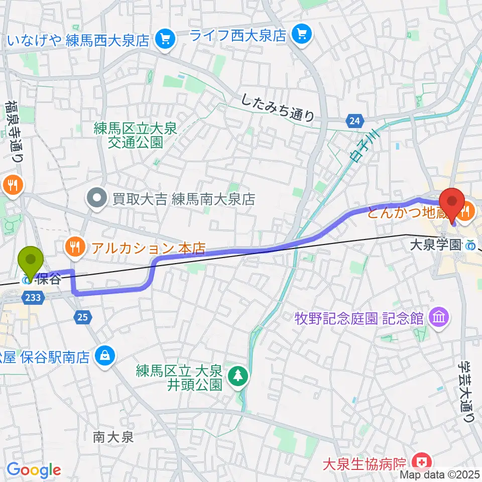 保谷駅から大泉学園ゆめりあホールへのルートマップ地図