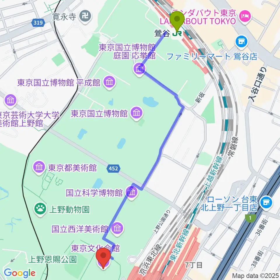 鶯谷駅から東京文化会館へのルートマップ地図