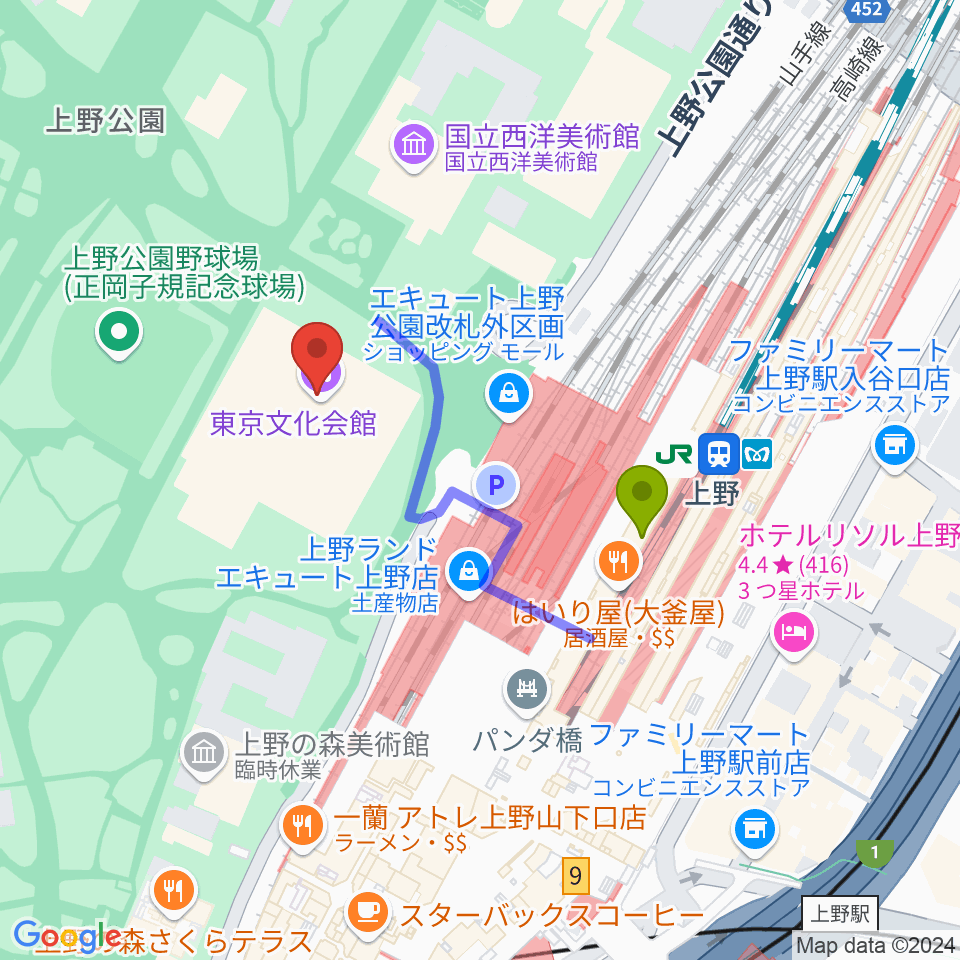 東京文化会館の最寄駅上野駅からの徒歩ルート（約3分）地図