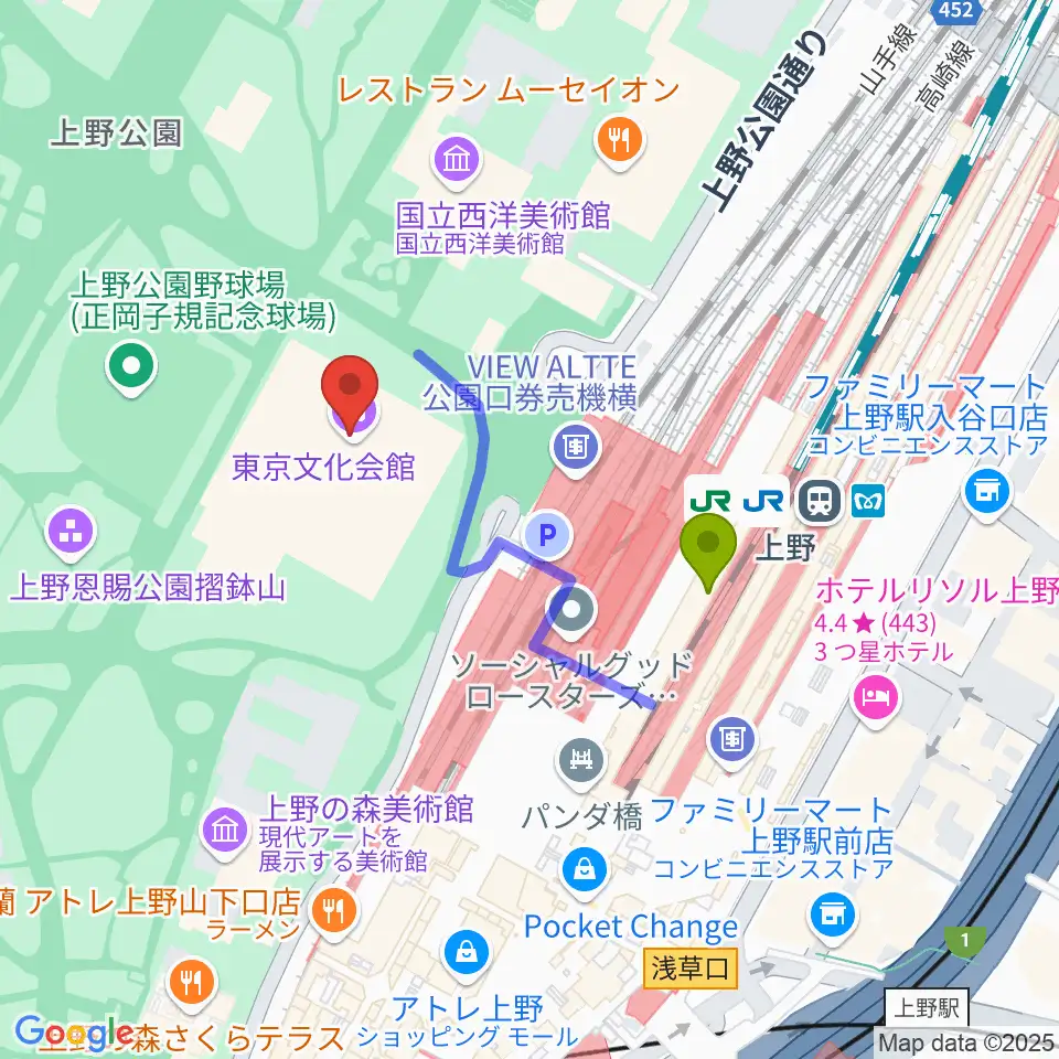 東京文化会館の最寄駅上野駅からの徒歩ルート（約3分）地図